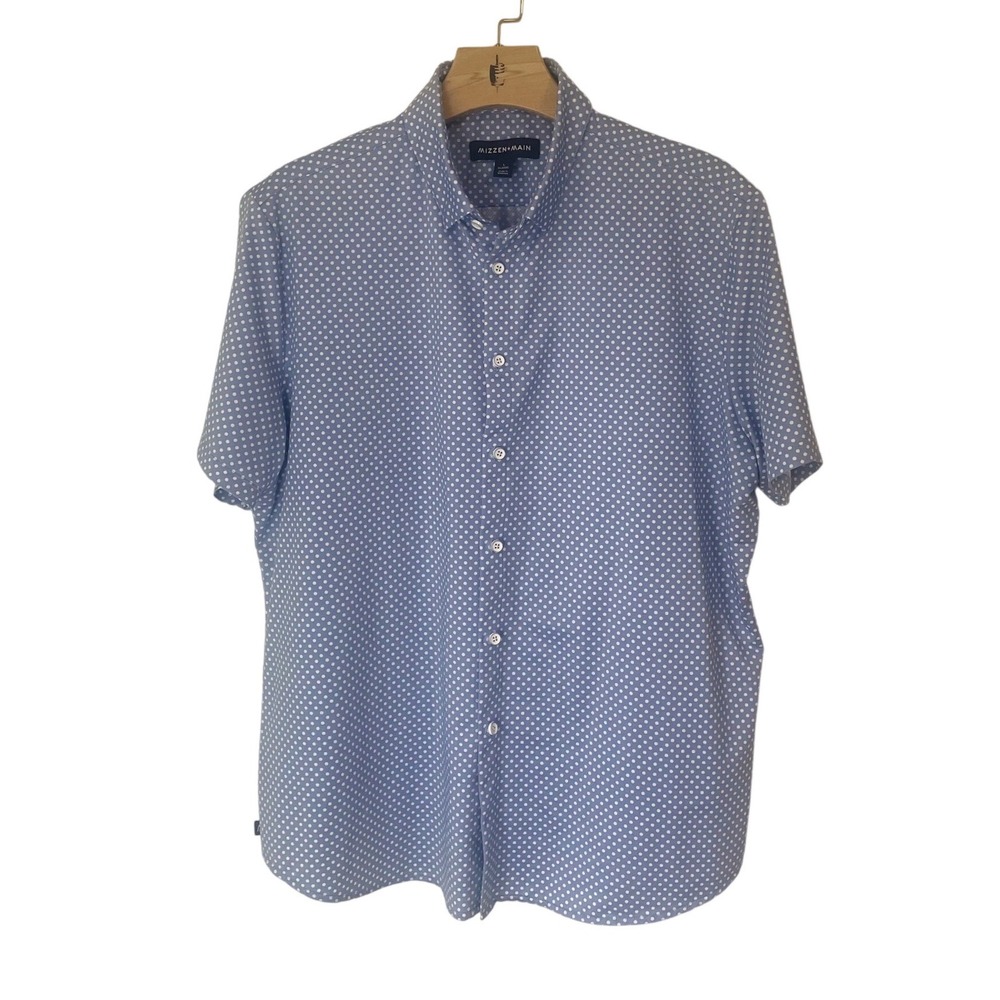 Mizzen+Main Mens Large Classic Fit Blue Polka Dot Short Sleeve Performance Shirt